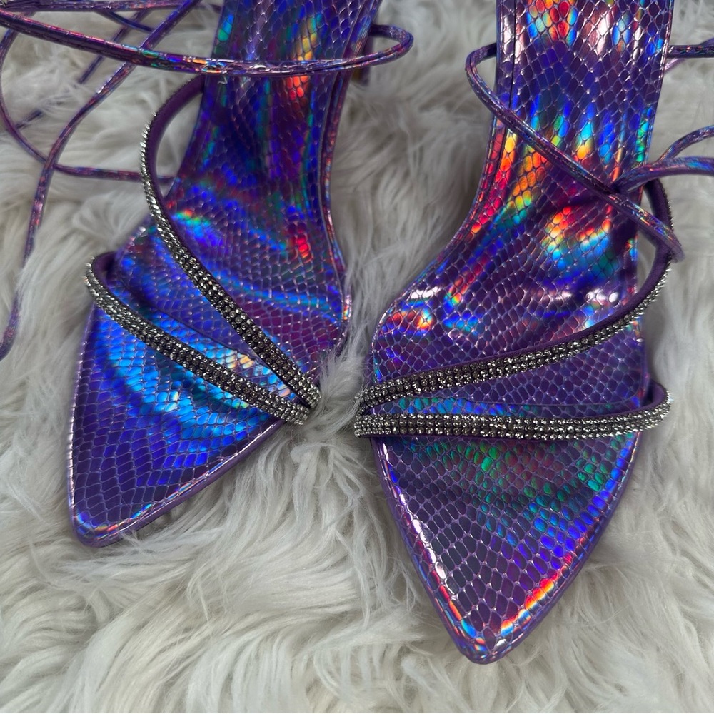 Dolls Kill • Iridescent Pointy Open Toe Wrap Up Stilettos with Rhinestones - Picture 13 of 14